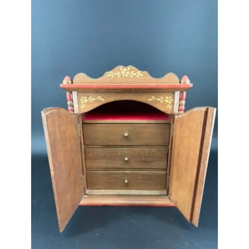 Vintage 1970s Wooden Floral Painted Jewelry Armoire Music Box